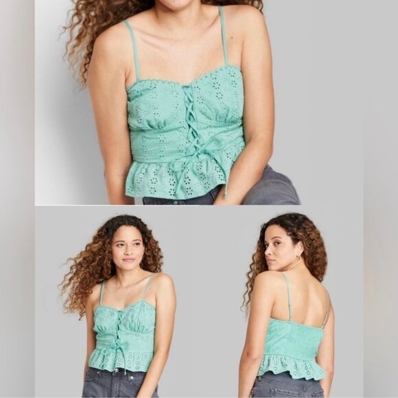 NEW Wild Fable Strappy Eyelet Embroidered Lace-Up Peplum Corset Tank Top - Picture 1 of 10